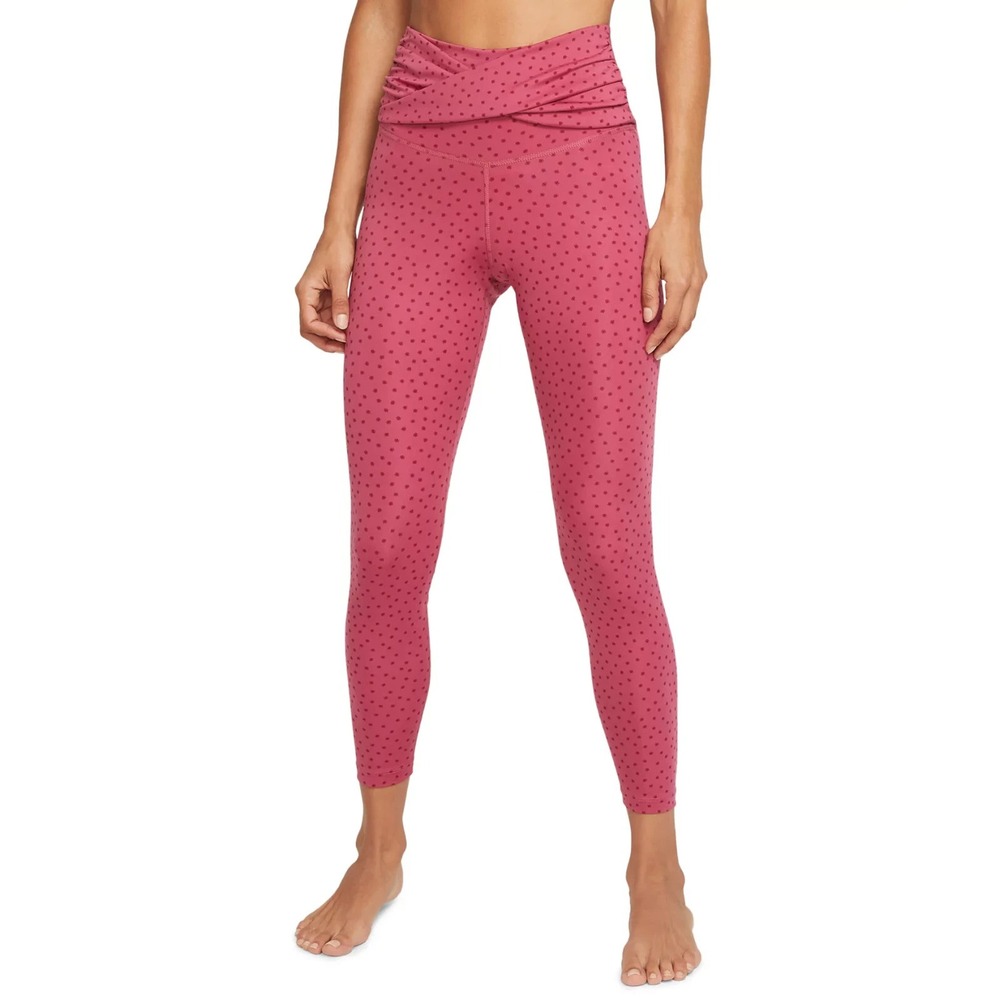 NIKE Pants Size LARGE Pink Dots Yoga Twist 7/8 Length Activewear Leggings